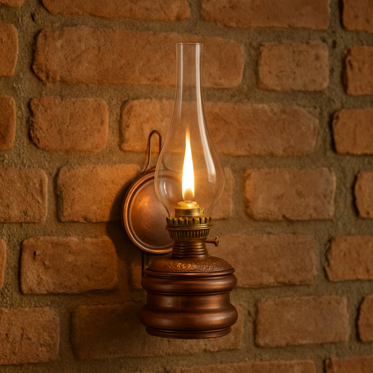 Saf Bakır Eskitme Gaz Lambası - Aynalı Duvar Aplik ve Masaüstü Nostaljik Bakır Kandil, Dekoratif Otantik Hediye