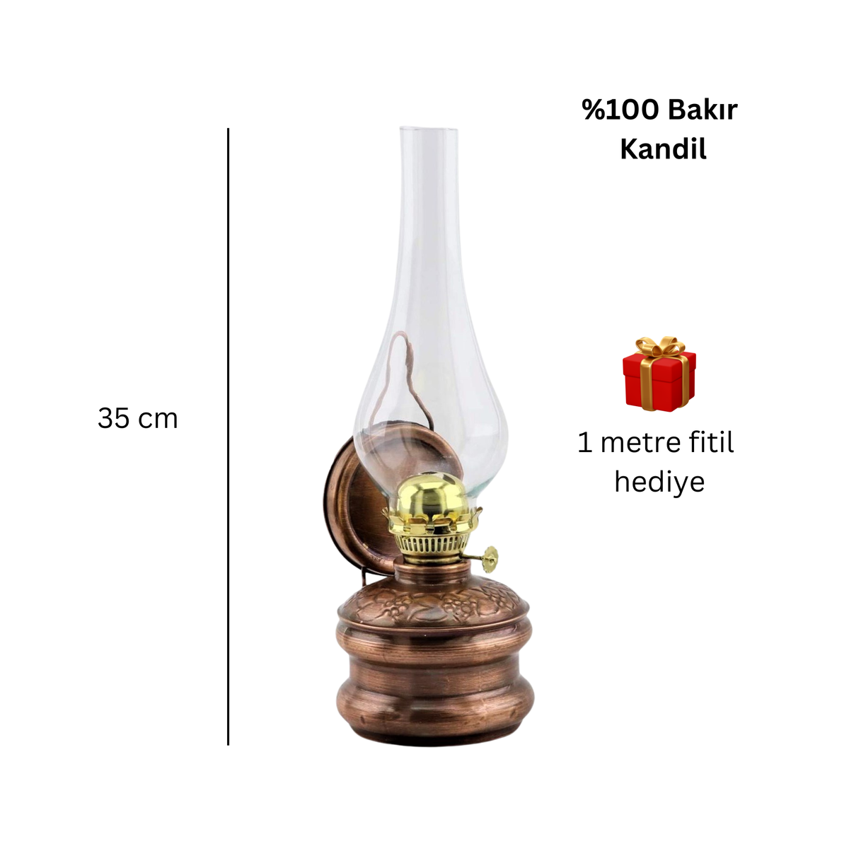Saf Bakır Eskitme Gaz Lambası - Aynalı Duvar Aplik ve Masaüstü Nostaljik Bakır Kandil, Dekoratif Otantik Hediye
