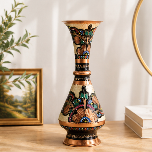 El Yapımı Saf Bakır Vazo (26 cm) - Otantik Sanat İşi Dekoratif Çiçek Vazosu & Özel Hediye