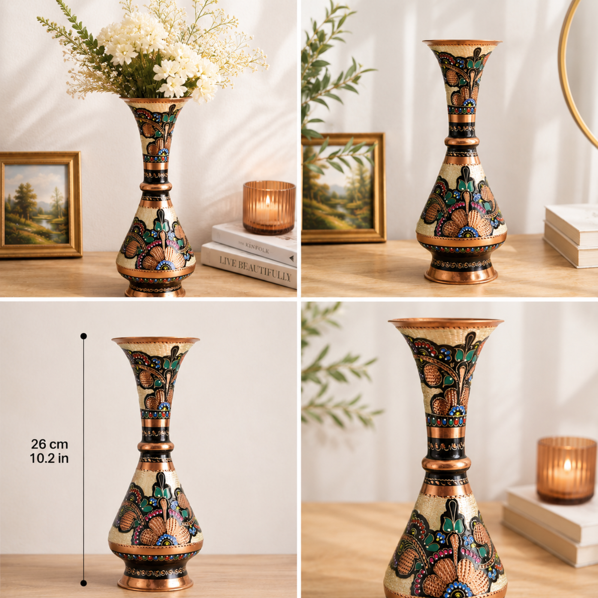 El Yapımı Saf Bakır Vazo (26 cm) - Otantik Sanat İşi Dekoratif Çiçek Vazosu & Özel Hediye