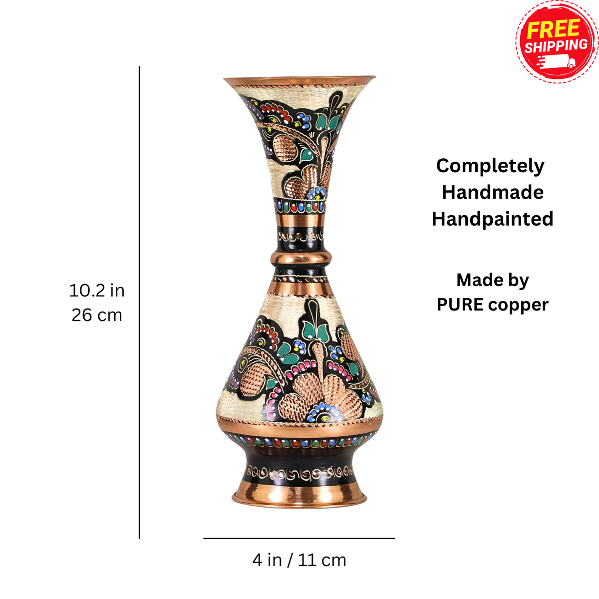El Yapımı Saf Bakır Vazo (26 cm) - Otantik Sanat İşi Dekoratif Çiçek Vazosu & Özel Hediye