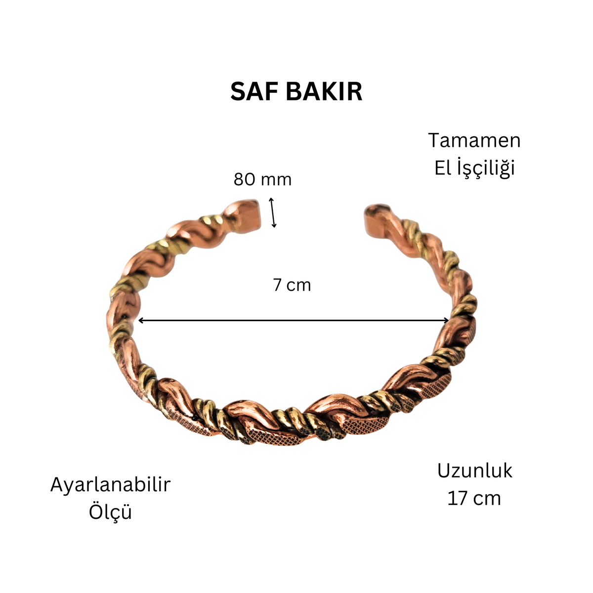 Bakır Bileklik Ayarlanabilir Ölçü Burgu Sarılı Şık Tasarım El İşçiliği