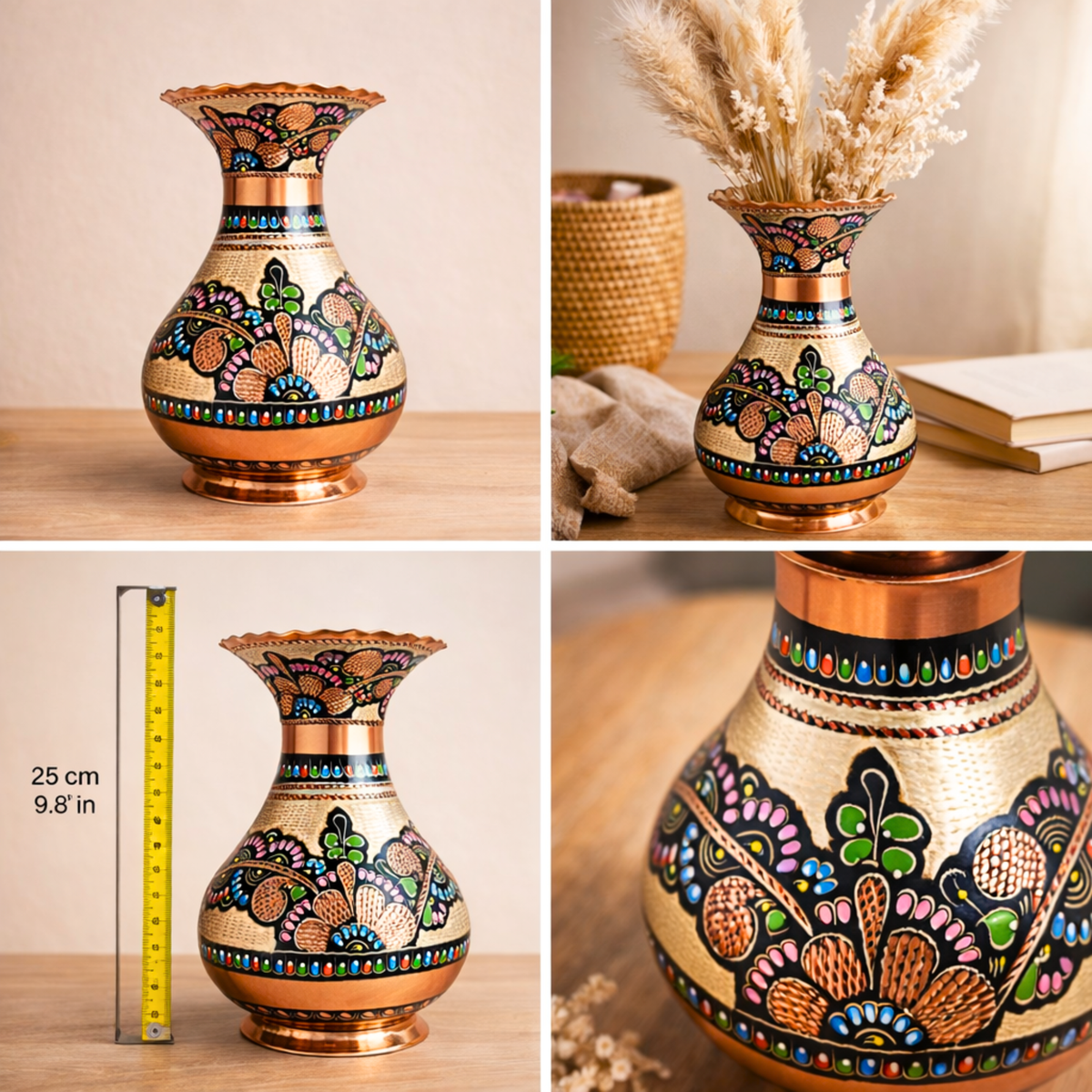 El Yapımı Saf Bakır Vazo (25 cm) - Otantik Sanat İşi Dekoratif Çiçek Vazosu & Özel Hediye
